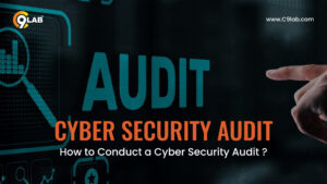 Cybersecurity audit process with magnifying glass and audit text on screen