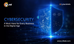 Business professional securing data on a laptop with cybersecurity shield icons representing digital protection.