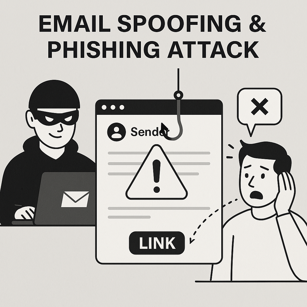A black-and-white illustration depicting a phishing attack, where a hacker sends a spoofed email with a malicious link, tricking a worried recipient. | email security