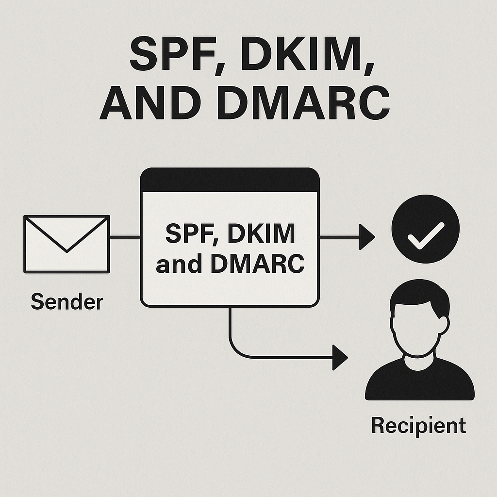 A diagram illustrating how SPF, DKIM, and DMARC authentication help verify emails from the sender to the recipient, preventing spoofing. | Email security