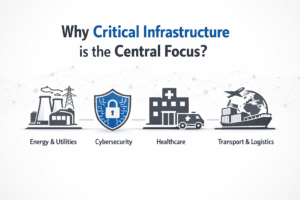 Critical infrastructure cybersecurity showing energy, healthcare, transport and logistics sectors protected under national cyber strategy and federal cybersecurity policy